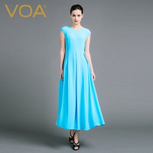 VOA 碧蓝34姆米重磅真丝圆领包肩短袖育克褶拼缝挺括连身长裙图片