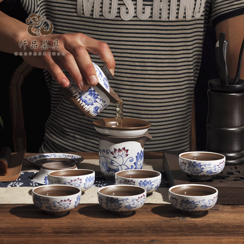 潮汕茶道陶瓷功夫杯高档茶具 紫砂手工仿古粗陶青花瓷盖碗茶具