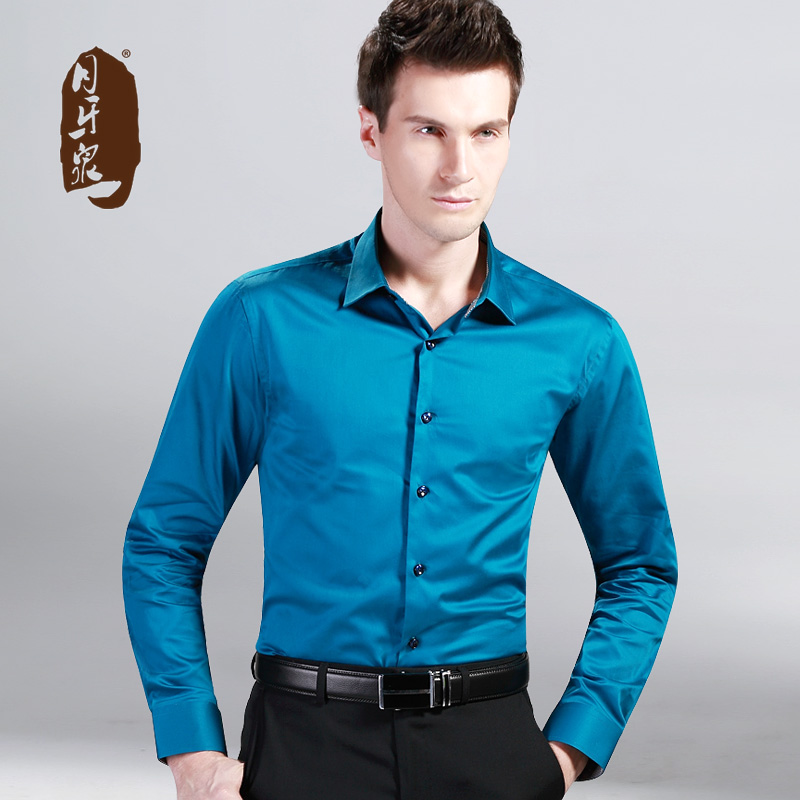 月牙泉夏季薄款男士宝蓝色纯棉长袖衬衫韩版修