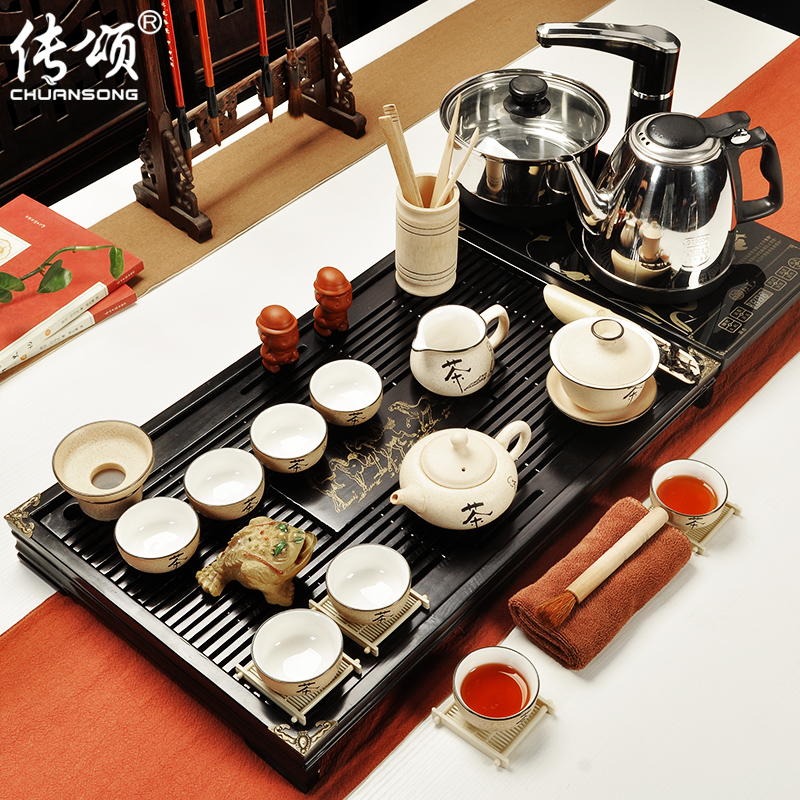 传颂 茶具套装特价 整套紫砂功夫玻璃茶具 实木茶盘四合一电热炉