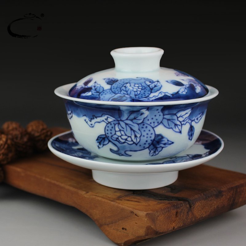 贵和祥手绘青花盖碗功夫茶具景德镇陶瓷茶碗石榴大号三才盖碗茶杯