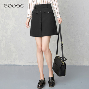 单排扣韩版黑色a字裙