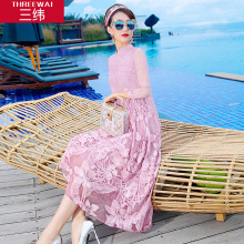 三纬2019夏新款欧美风真丝连衣裙女A版显瘦桑蚕丝重工刺绣中长裙图片