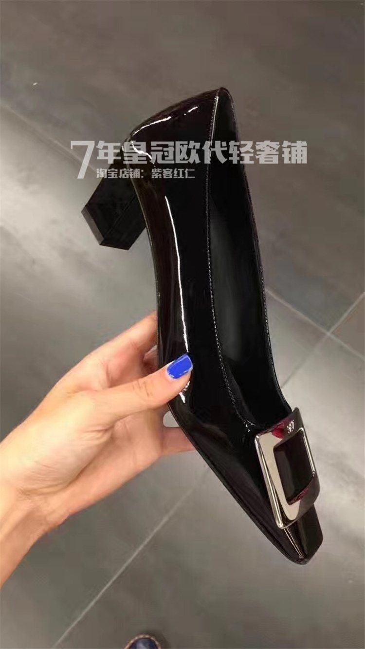 意大利正品代购roger vivier女鞋 rv经典方扣粗跟高跟