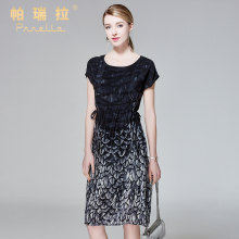 帕瑞拉真丝碎花连衣裙女短袖2017夏季新款修身中老年桑蚕丝中长裙图片