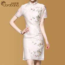 旗袍款连衣裙女夏2017新款朵拉芭娜时尚民族风修身真丝绣花短裙图片