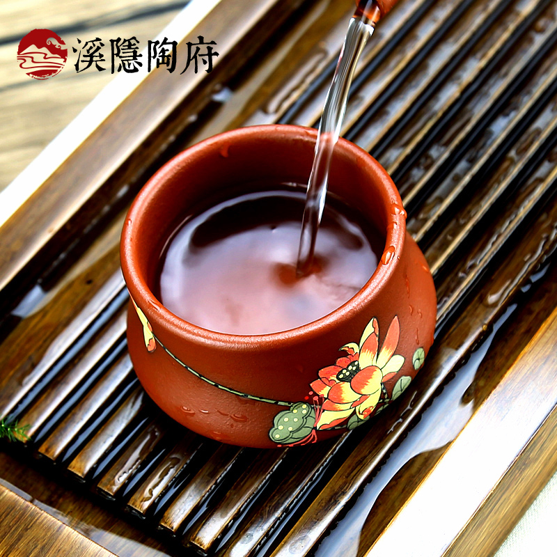 溪隐陶府 精品宜兴紫砂品茗杯 全手工朱泥彩绘茶碗主人杯功夫茶具