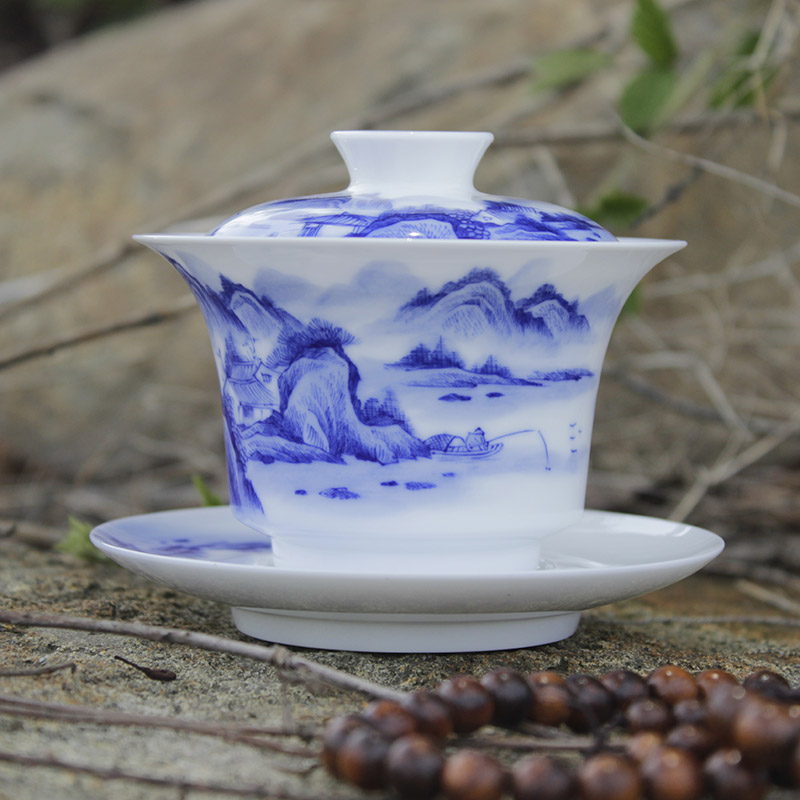 景德镇手绘青花瓷盖碗大号陶瓷功夫茶具山水三才碗杯敬茶碗泡茶杯