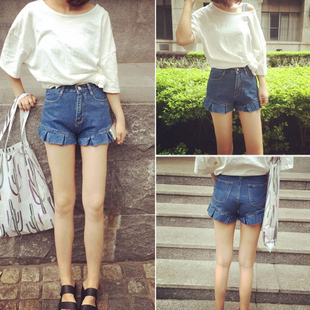 015夏装韩版小清新高腰花边显瘦<em>牛仔短裤女</em> 休