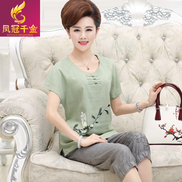 正品中老年服装 中老年人短袖 大码 亚麻t恤衫