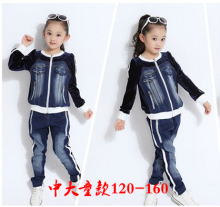 童装女童牛仔机车服2014春秋装新款 韩国金丝绒潮儿童运动休闲套