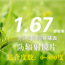 超超薄 防蓝光 防辐射紫外线 高透光率 1.67折射非球面近视镜片