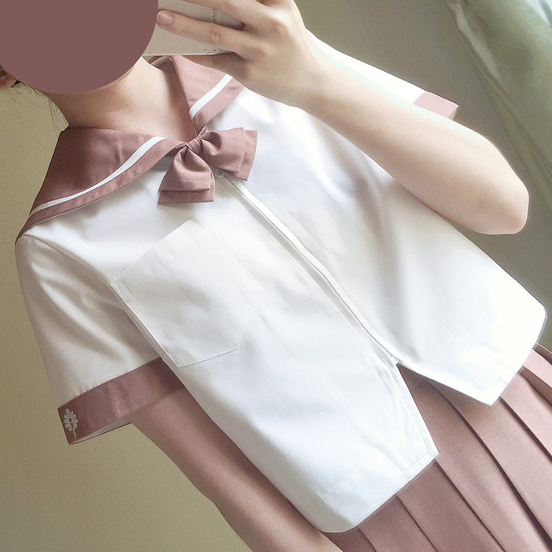 中牌新款夏服 日系圆角札幌襟jk制服 袖口刺绣 檀色 白一本水手服