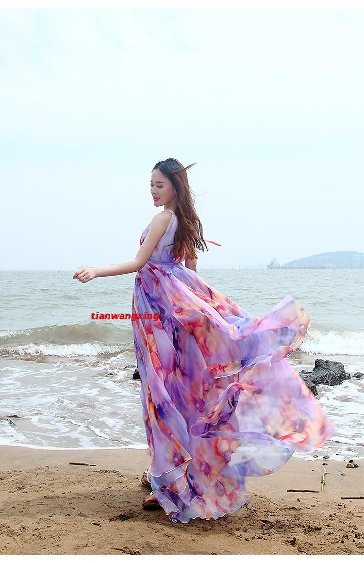 2017夏新款欧美海边沙滩长裙波斯西米亚飘逸雪纺大摆连衣裙纯裹胸