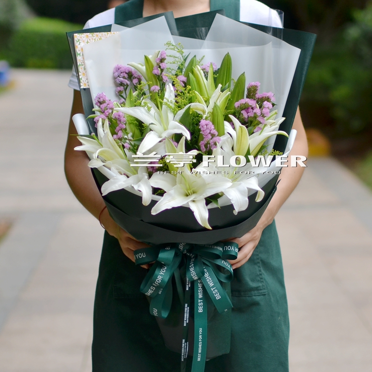 长沙鲜花同城速递16朵白百合花勿忘我间插花束生日祝福母亲节送花