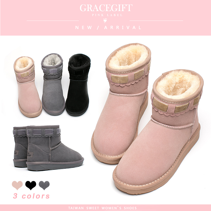 grace gift甜美蝴蝶结低筒保暖防滑雪地靴女毛毛靴短靴棉鞋