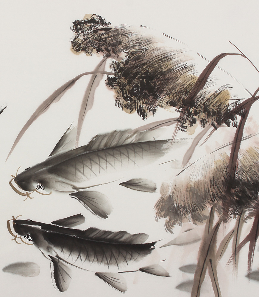 手绘国画字画花鸟画小六尺水墨画紫藤九鱼图鱼乐年年客厅装饰画