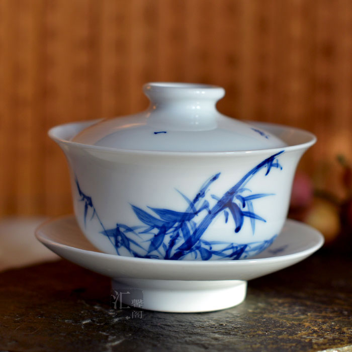 手绘青花瓷茶具 景德镇正品 手拉坯大号 青花竹韵 三才盖碗奉茶杯