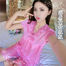 夏天夏款 雪纺冰丝绸韩版 性感夏季蕾丝薄款 两件套装 睡衣女士短袖