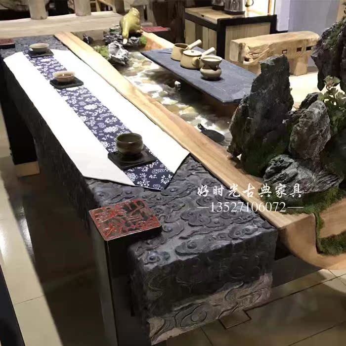 香樟流水茶桌禅意 新中式个性红心樟木流水景观风水茶台厂家直销