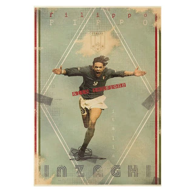 因扎吉 filippo inzaghi 意大利经典球星 足球复古怀旧牛皮纸海报