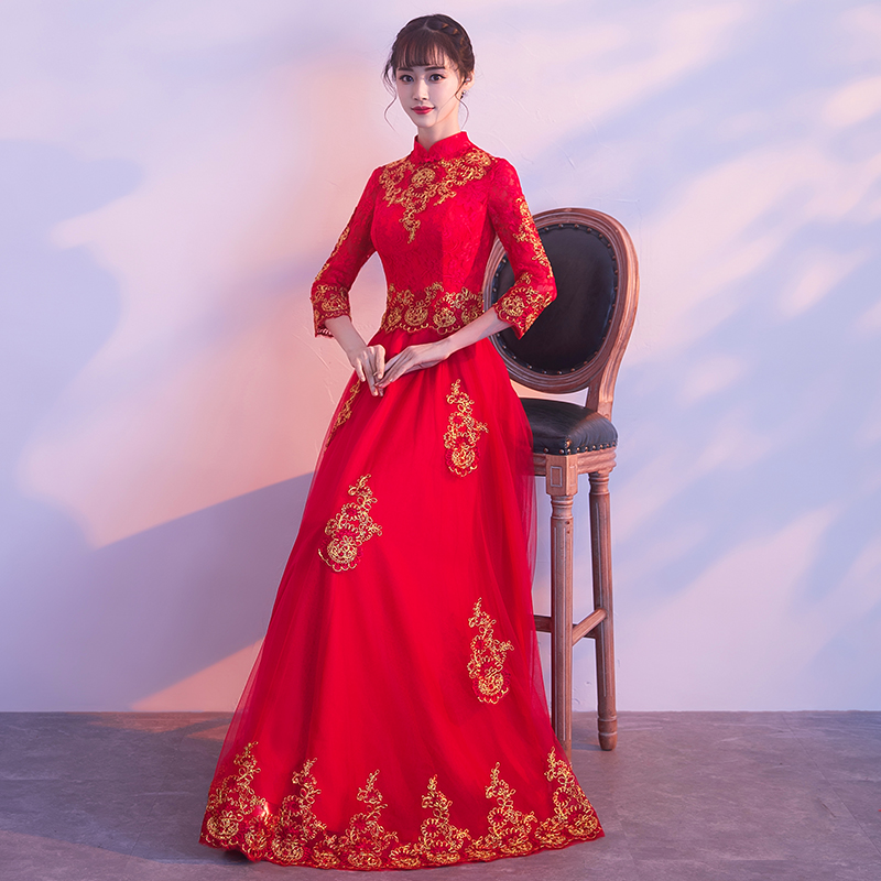 新娘敬酒服2017新款显瘦结婚中式礼服婚礼长款红色长袖进酒服冬季