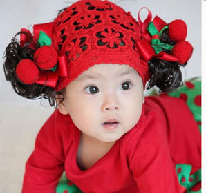 宝宝红帽子 婴儿帽 冒泡泡 假发棒棒糖 线帽1折