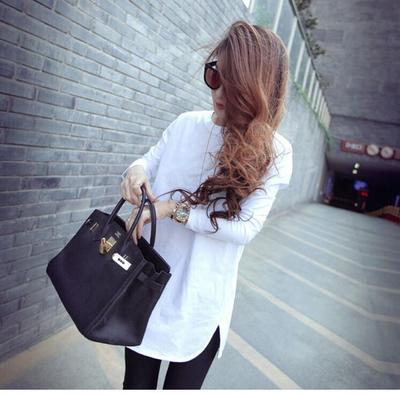 春秋冬季韩版宽松中长款打底衫加绒加厚白色长