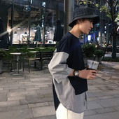 1CHEN /夏季韩国东大门假两件条纹拼接薄款透气宽松中袖T恤衫男