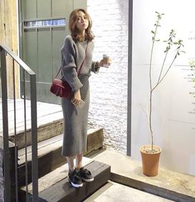 2016韩国代购毛衣秋冬套装半身长裙两件套针