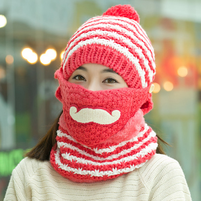 韩版帽子女冬毛线帽加毛保暖护耳朵带口罩遮脸