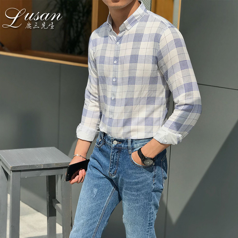 鹿三先生格子衬衫男长袖修身型韩国帅气寸衫青年潮流韩版男士衬衣