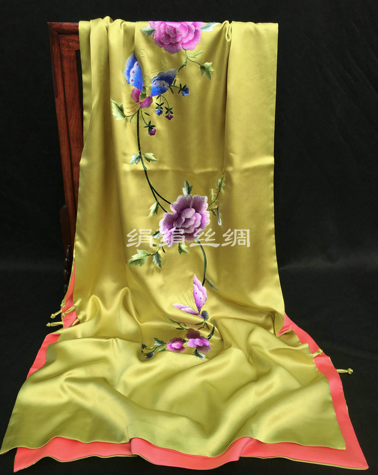 围巾女春秋长款刺绣花真丝桑蚕丝丝巾民族风出国礼品丝绸苏绣披肩
