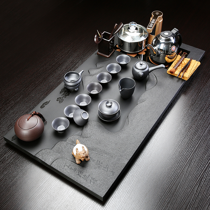 金灶 茶具套装天然乌金石茶盘大号石头茶台石材茶海 四合一电磁炉