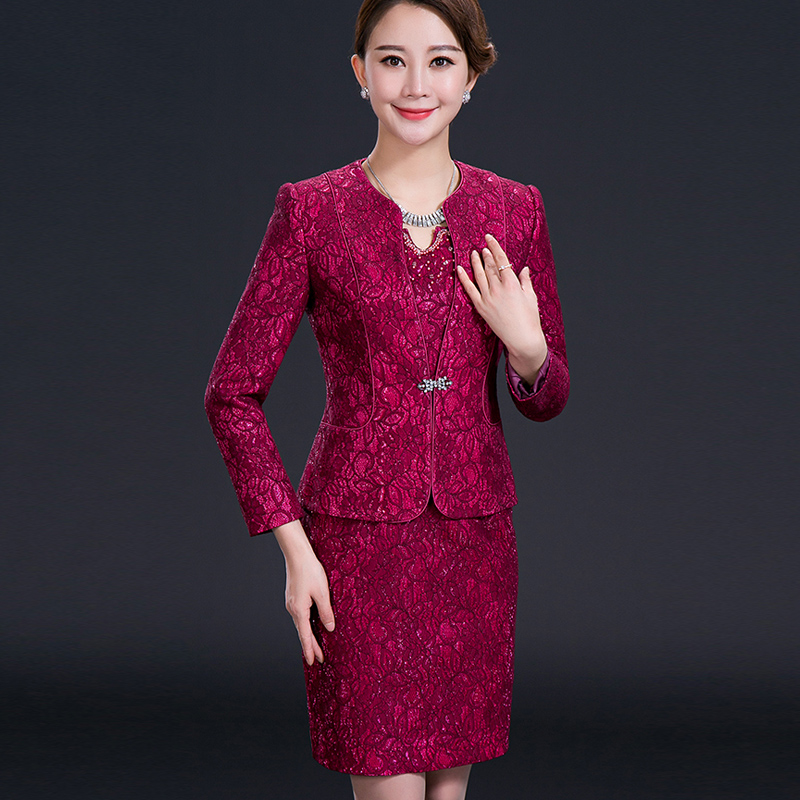 婚礼妈妈装秋冬婚宴礼服蕾丝女中年外套连衣裙套装喜庆长袖两件套