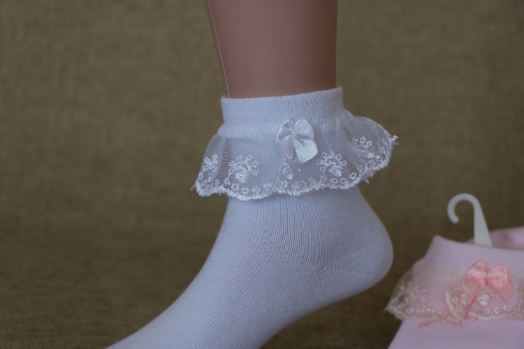 女童花边袜公主袜纯色蕾丝花边大童短袜女童白色舞蹈袜纯棉学生袜