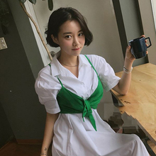 简约纯色中长款 连衣裙女 衬衫 韩国蝴蝶结系带裹胸背心吊带 夏春花