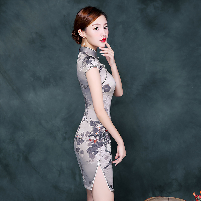 旗袍2017秋季新款桑蚕丝改良时尚真丝旗袍裙短款端庄大气连衣裙女