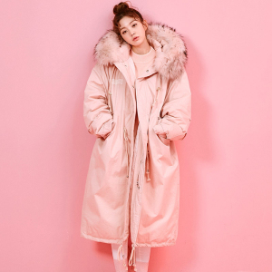 过膝长款大毛领工装棉服