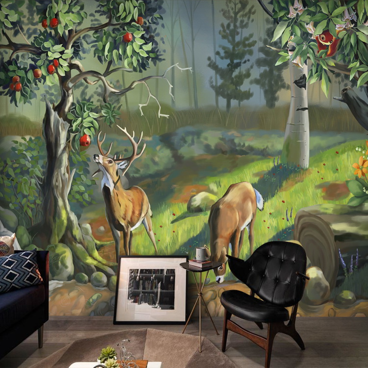 手绘热带雨林墙纸北欧麋鹿森林绿叶大型壁画幼儿园画廊工作室壁纸
