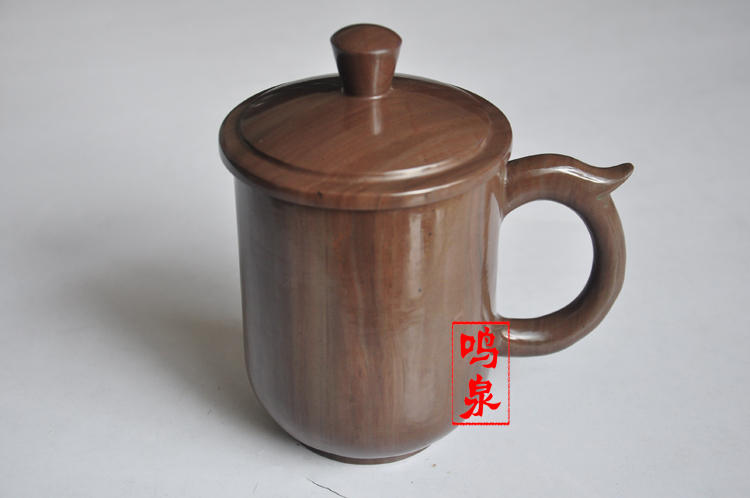 高档木鱼石深层根部紫檀地心矿化杯子/保健茶水杯正品山东木鱼石
