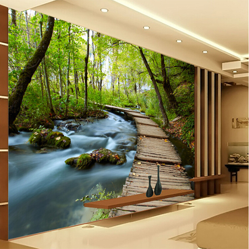 高清瀑布山水风景3d4d立体墙纸 电视背景墙壁纸 客厅无缝壁画壁布