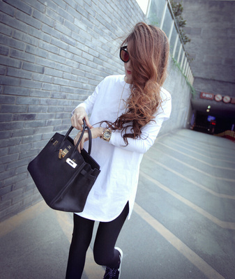 春秋冬季韩版宽松中长款打底衫加绒加厚白色长