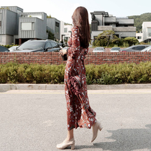 韩国碎花春秋季显瘦过膝V领印花雪纺连衣裙长款 女装 2017新款 代购