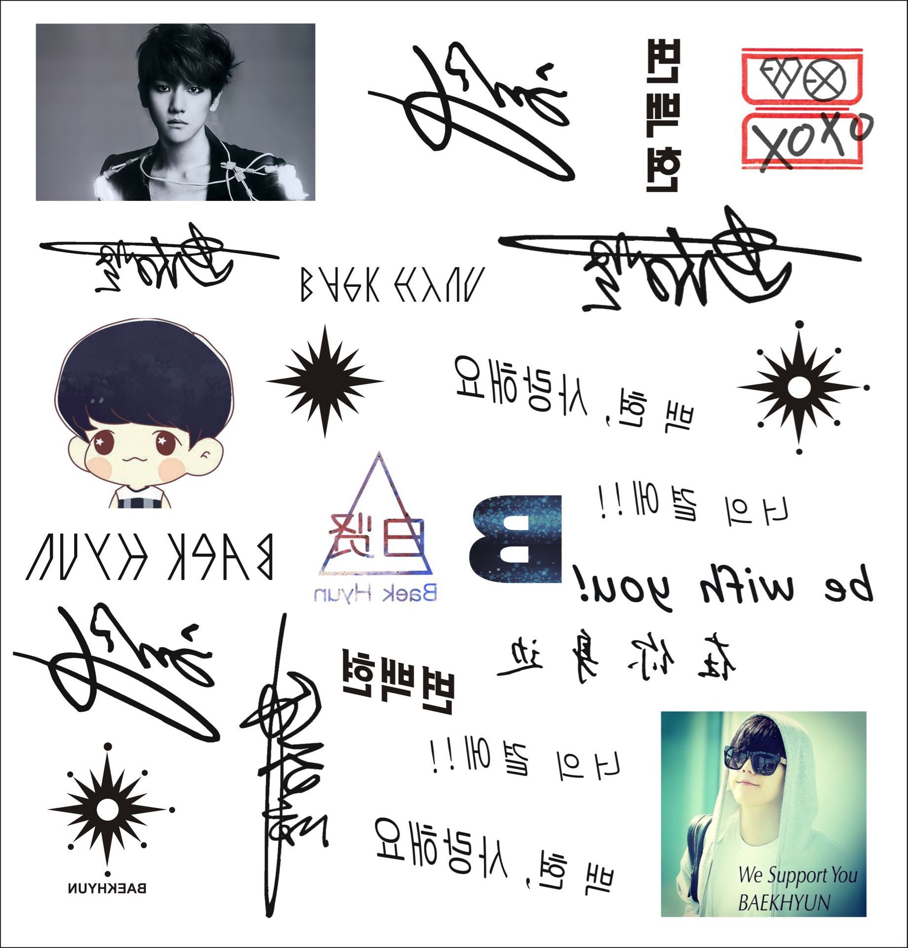 exo边伯贤纹身贴 高清图 签名logo 演唱会脸贴