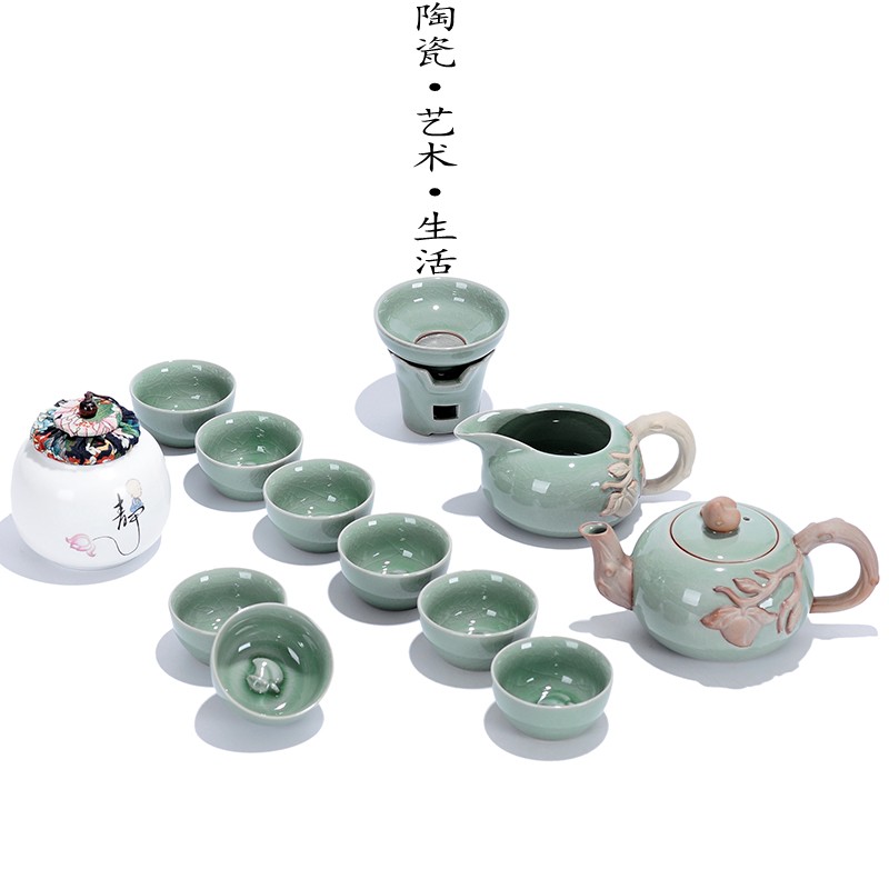 哥窑青瓷功夫茶具整套装特价陶瓷汝窑茶具茶壶冰裂开片家用茶杯子