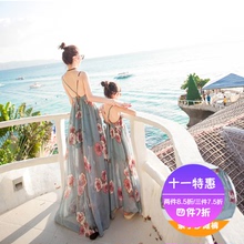 夏母女裙一家三口全家装 女童沙滩裙母子海边度假连衣裙长裙 亲子装