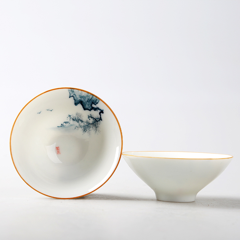 品茗杯陶瓷景德镇上水瓷个人杯斗笠单杯功夫茶具手绘小茶杯主人杯