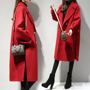 毛呢外套中长款2017秋冬新款韩版女装气质红色宽松显瘦呢子大衣女