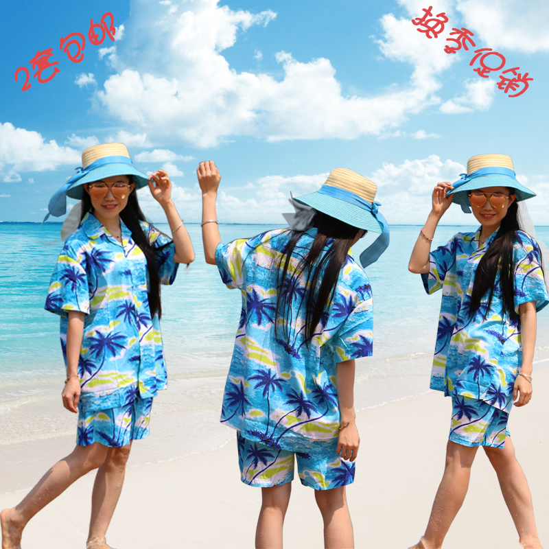 海南岛服衬衫男夏威夷旅游短袖纯棉情侣套装三亚度假衬衣女沙滩服
